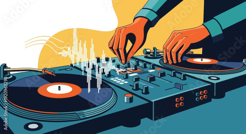 DJ Hands Manipulating Turntables and Mixer with Sound Waves and Abstract Shapes