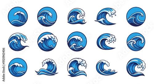 Collection of Stylized Blue Ocean Waves in Circles for Graphic Design and Branding
