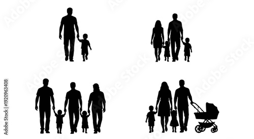 Diverse Family Silhouettes in Vector Style: Parents with Children and Stroller