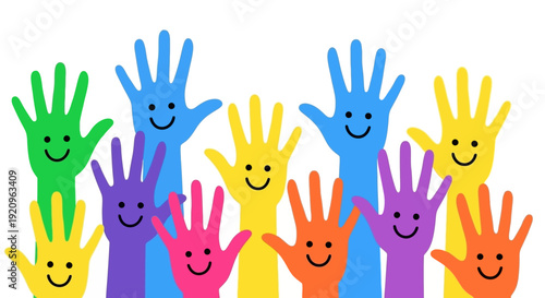 Diverse Group of Colorful Hands Raised with Smiling Faces, Representing Unity