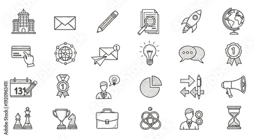 Collection of Business and Icons, Hand-Drawn Style, Minimalist Vector Set