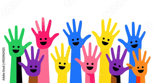 Diverse Group of Colorful Hands with Happy Faces Raised in Unity and Celebration