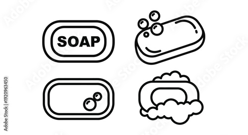 Set of Four Simple Outline Icons Representing Soap and Bubbles for Hygiene Concepts