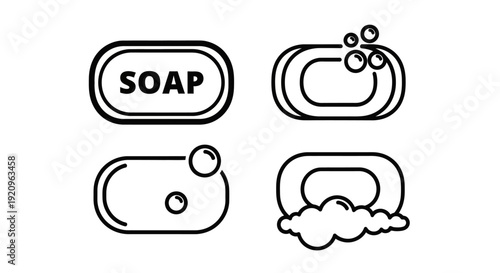 Set of Four Simple Soap Icons with Bubbles and Foam, Clean Vector Art