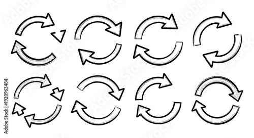 Set of eight hand-drawn refresh and reload circular arrow icons with different styles