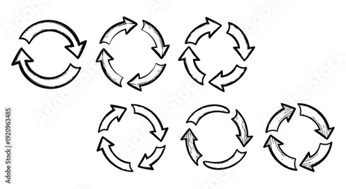 Hand-drawn circular arrow cycle diagrams, a set of rotating process graphics