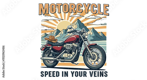 Retro Motorcycle Illustration with Mountains, Sun and Inspiring Slogan