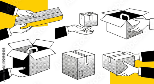 Hands Exchanging Various Boxes and Packages in Minimalist Art Style