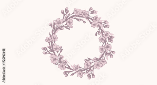 Delicate Cherry Blossom Wreath Garland with Buds on Pastel Background