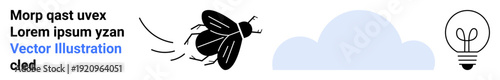 Creativity, innovation, nature symbolism, minimalist design, conceptual thinking, inspiration. A flying bug, a cloud and a light bulb. Creativity and inspiration through quirky elements