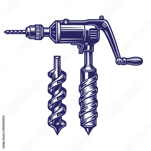 Vintage style illustration of a hand held breast drill with two spiral drill bits on white background