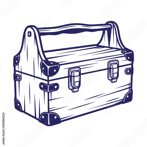 Vintage wooden chest with metal hardware and handle on top for carrying  old trunk with latches and corner protectors