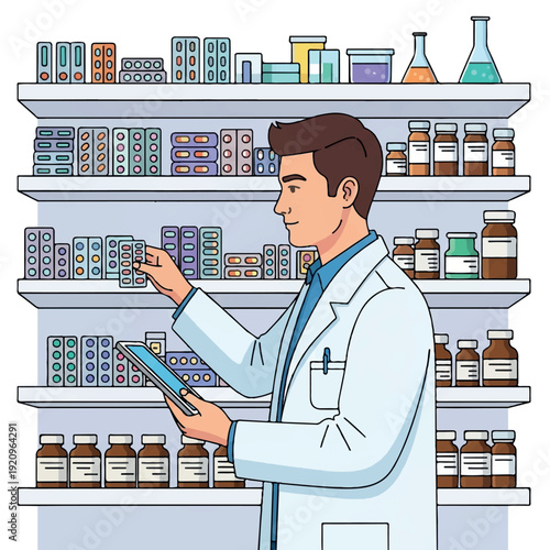 A pharmacist in a white lab coat checks medication on a tablet in front of a well-stocked pharmacy shelf with various drugs and bottles.