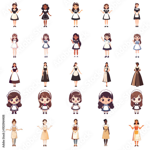 Set of various maid and waitress character full body illustrations, flat design, classic, chibi and diverse styles