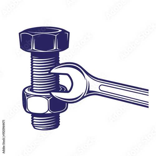 Wrench tightening a bolt and nut with screw threads industrial tool equipment for assembly and repair work