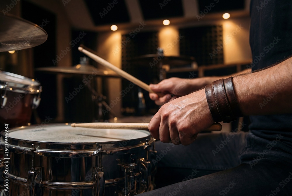 Obraz premium Musician hands with leather cuff playing a snare drum with drumsticks in a studio