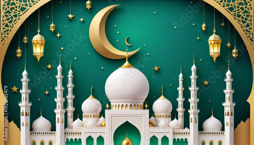 Eid Mubarak Islamic Crescent Mosque Greeting Design