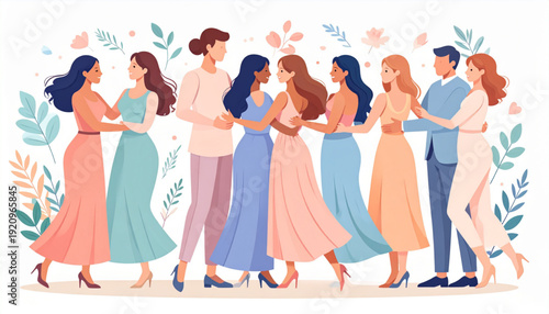 Group of friends joyfully embracing and celebrating together in a vibrant setting isolated on transparent background