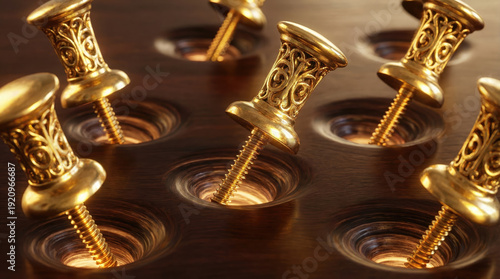 Elegant golden screws embedded in polished wooden surface create luxurious and surreal aesthetic