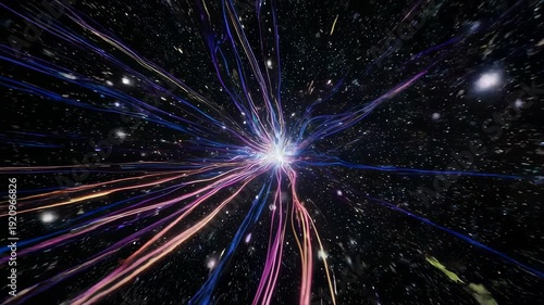 Exploding fractal light burst with purple and blue streaks in a starry void
