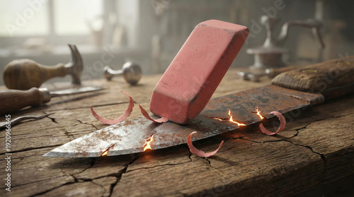 Surreal scene featuring rusty knife with pink eraser balanced its edge, surrounded by wood