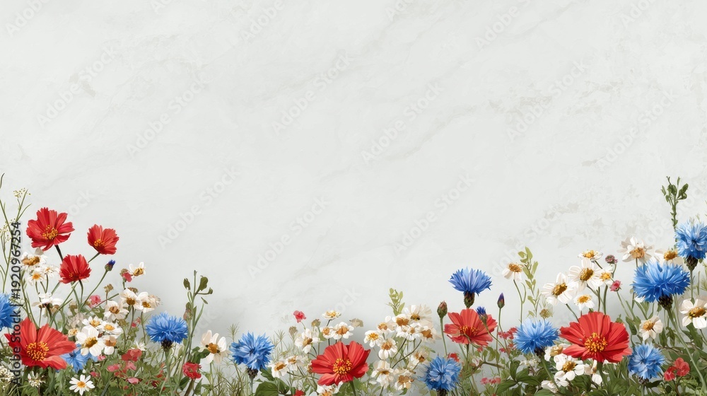 Fototapeta premium Vibrant Floral Composition Featuring Red and Blue Wildflowers on a Light Gray Marble Background for Decorative and Artistic Uses