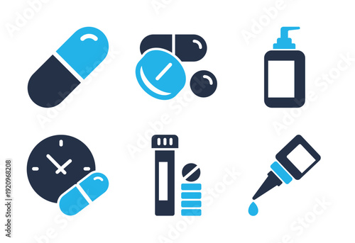 Medicine Dosage Forms and Timing icon set. Solid glyph series icons