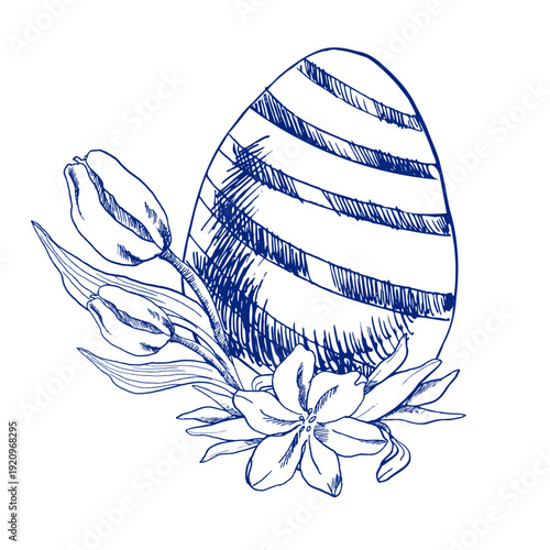 Easter egg decorated with spring flowers ink graphics in line art style. Hand drawn Happy Easter clipart, Catholics religious painting for festive decor, packing ,card design.