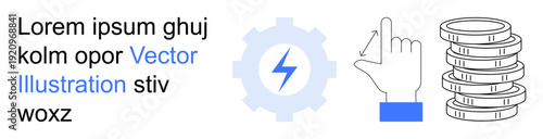Business, technology, automation, digital payments, finances, productivity. Gear with lightning bolt, hand pointing coin stack. Digital payments and technology concept