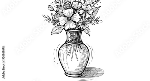 Hand drawn sketch of flowers in a glass vase