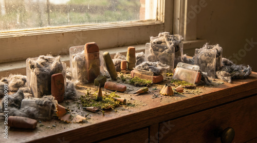 Dusty art supplies scattered on wooden surface, creating nostalgic and abandoned atmosphere
