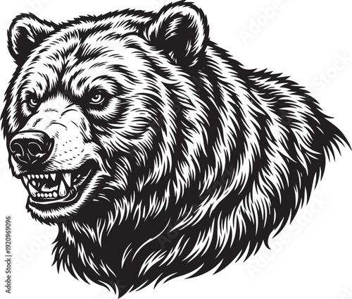 A striking grayscale illustration captures the fierce visage of a formidable grizzly bear, its intense gaze and exposed teeth conveying raw power and untamed wilderness. 