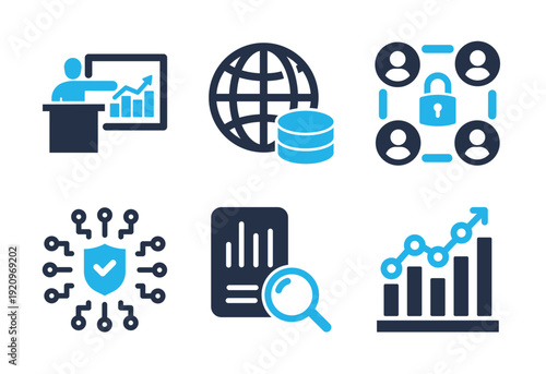 Data Security and Global Statistics icon set. Solid glyph series icons