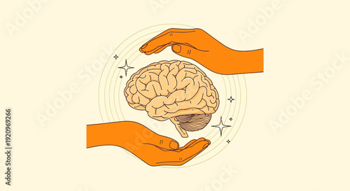 Conceptual Illustration of Hands Gently Protecting a Healthy Human Brain, Symbolizing Care and Well