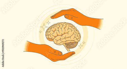 Hands Gently Cupping and Protecting a Healthy Human Brain with Sparkles