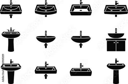 Bathroom sink silhouettes collection with modern washbasin designs, black plumbing fixtures isolated on white background vector illustration set