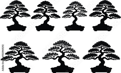 Bonsai tree silhouettes collection in pots, Japanese miniature plants isolated on white background vector illustration set