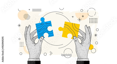 Creative Hands Assemble Blue and Yellow Puzzle Pieces, Symbolizing Teamwork and Connection