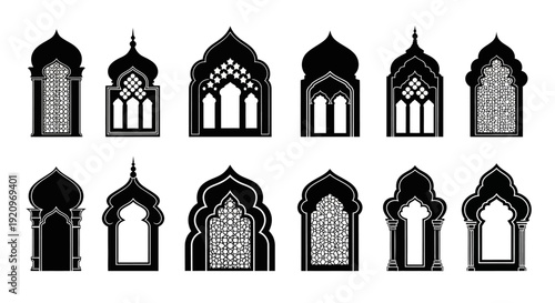 Set of Islamic Window and Arch Silhouettes in Black and White