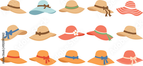 Set of Elegant Women's Straw Hats and Wide Brim Sun Hats with Colorful Ribbons and Bows for Summer Fashion Beach Vacation and Outdoor Leisure Graphic Design