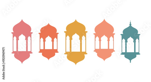 Set of Five Colorful Islamic Lantern-Inspired Vector Shapes on White Background