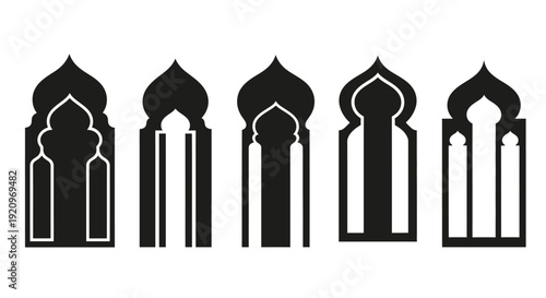 Set of Black Islamic Geometric and Door Arches on White Background
