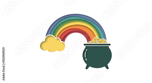 Vibrant rainbow illustration with pot of gold and cloud, symbolizing luck and fortune in a fantastical scene