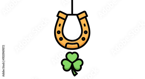 Horseshoe and clover illustration hanging from a string, symbolizing luck and fortune, in a simple graphic style