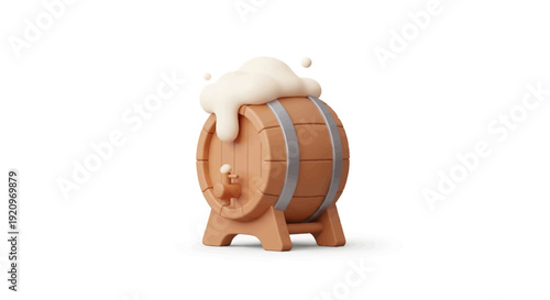 Foamy liquid overflowing from a wooden barrel on a white background, viewed from the front
