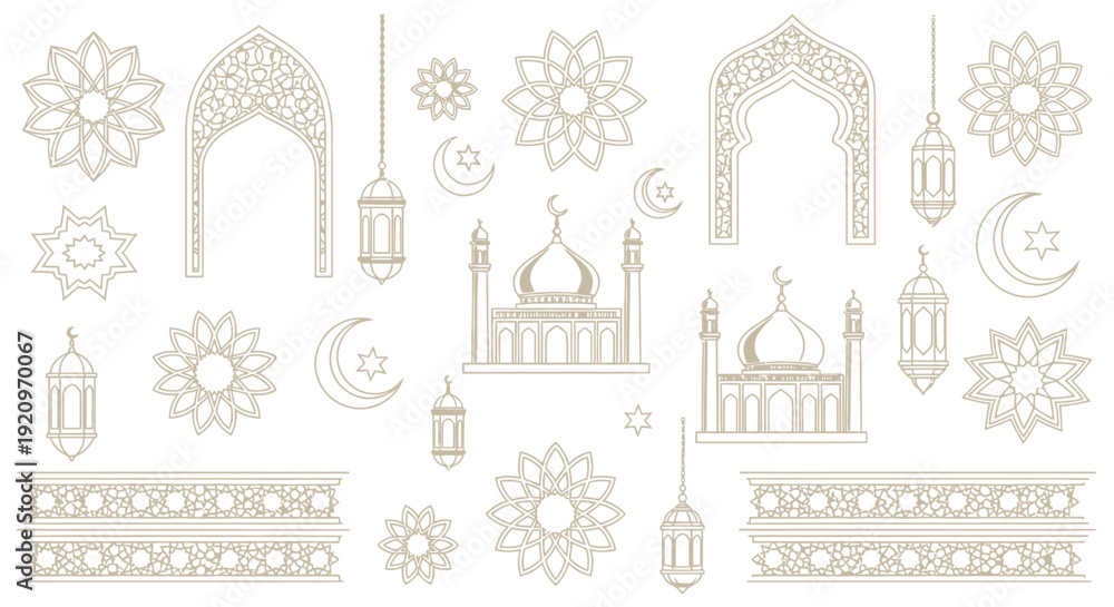 Fototapeta premium Golden Islamic Geometric Patterns and Architectural Elements Vector Collection