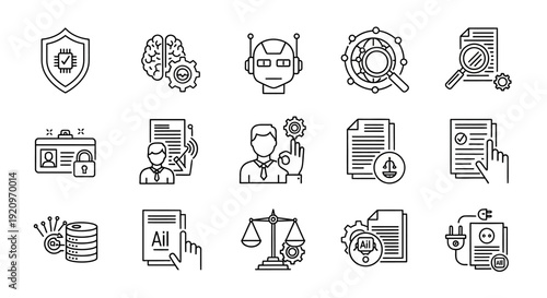 Set of Modern Vector Icons for Technology, AI, and Business Processes with Legal Elements