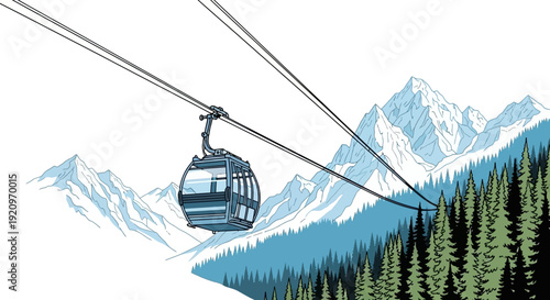 Ski Resort Cable Car Ascending Snowy Mountains with Evergreen Forest Below