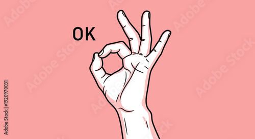 Hand gesture forming OK sign with word OK, representing approval and success