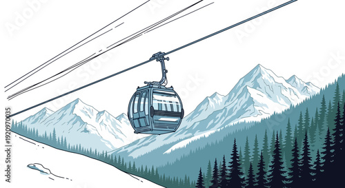 Ski Resort Gondola Ascending Snowy Mountains with Pine Forest Landscape